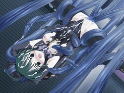 ahoge breasts cum cum_in_pussy cum_inside cum_on_body cum_on_breasts cum_on_clothes cum_on_hair cum_on_upper_body empty_eyes facial game_cg green_hair nipples open_mouth rape restrained scream screaming suspension tentacle tentacle tentacle_rape thighhighs torn_clothes upside-down