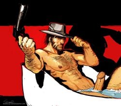 1boy artist_request bathing bathtub erection gay gun hat human john_marston male male_only nude penis red_dead_redemption red_dead_redemption_(series) revolver solo washing weapon