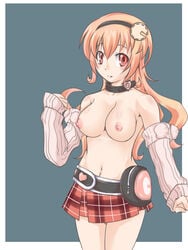 bare_shoulders belt breasts choker compa compile_heart detached_sleeves female gust hairband idea_factory kurosuke_(pixiv1057668) long_hair midriff miniskirt neptunia_(series) nipples orange_eyes orange_hair plaid sega skirt solo tartan topless