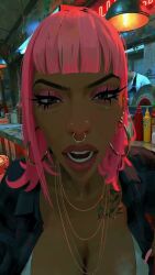 1girls ai_generated bouncing_breasts breasts cleavage clothing dark-skinned_female huge_breasts large_breasts looking_at_viewer makeup nail_polish piercing pink_hair pov tattoo vertical_video video voice_acted