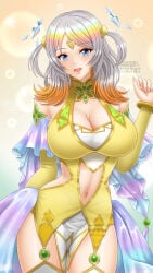 amezuku bare_shoulders blush breasts cleavage clothing_cutout detached_sleeves dress fire_emblem fire_emblem_heroes grey_body large_breasts medium_hair multicolored_hair navel navel_cutout nintendo orange_hair pelvic_curtain side_cutout sideboob smile solo stomach thighhighs thighs