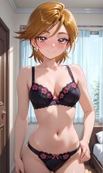 1girl abdomen ai_generated black_bra black_lingerie black_panties blushing bra breasts brown_eyes brown_hair cleavage cure_black floral_lace futari_wa_precure heart-shaped_earrings hip_bones hips looking_at_viewer midriff misumi_nagisa navel one_hand_on_hip panties pink_lace pixai pretty_cure rib_line room seductive_look short_hair silver_earrings slim_body smile teenage_girl waist