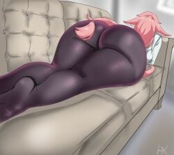 back_view backside big_ass black_leggings couch curvy curvy_female feet genshin_impact laizent_art laying_on_couch long_hair pink_hair soles thick_thighs trend wide_hips yae_miko