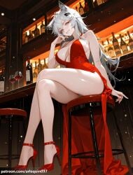 1girl ai_generated alcohol alternate_costume animal_ears arknights arlequin097 bar_(place) bar_stool bare_arms bare_legs bare_shoulders blue_eyes bottle breasts cleavage crossed_legs cup dress drinking_glass full_body grey_eyes grey_hair grin hair_between_eyes hair_ornament hairclip halterneck hand_up high_heels indoors lappland_(arknights) large_breasts legs long_hair looking_at_viewer panties pantyshot parted_lips red_dress red_footwear scar scar_across_eye scar_on_face side_slit sitting smile solo stool strappy_heels thighs underwear very_long_hair white_panties wine wine_bottle wine_glass wolf_ears wolf_girl