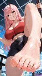 ai_assisted ai_generated barefoot big_breasts breasts cleavage darling_in_the_franxx feet female foot_fetish gym gym_clothes gym_shorts lewdfeetai nail_polish pink_hair pink_nails solo sweat toes zero_two_(darling_in_the_franxx)