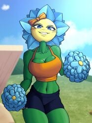 1girls blue_eyes blue_pants breasts cheerleader female female_only flower grass green_skin looking_at_viewer mod not_porn orange_shirt plant_humanoid plants_vs_zombies pom_poms ribbon sky smiling_at_viewer solo solo_female