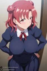 1female 1girl 1girls 2026 ai_generated artist_name bangs big_ass big_breasts blush breasts brown_eyes closed_mouth curvy double_bun hair_bun hands_on_hips hi_res high_quality high_resolution highres huge_ass huge_breasts large_breasts long_sleeves looking_at_viewer medium_hair neck_ribbon patreon patreon_username pink_hair red_eyes red_hair red_ribbon ribbon school_uniform shirt skirt smile solo unjobdespiert watermark web_address yumemiru_otome