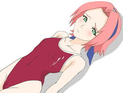 blush cameltoe cum cum_on_clothes female flat_chest green_eyes human karsarutobi_asumaru naruto naruto_(classic) one-piece one-piece_swimsuit pink_hair sakura_haruno shadow short_hair solo swimsuit young