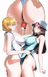 2girls ass brown_hair bucket_hat clothes_pull dildo futa_with_female futanari futasub hat highleg highleg_one-piece_swimsuit huge_penis kasumi_(pokemon) leaf_(pokemon) long_hair misty_(pokemon) misty_(pokemon_hgss) multiple_girls natural_wedgie nintendo nipple-to-nipple object_insertion one-piece_swimsuit one-piece_swimsuit_pull orange_hair penis pokemon sex_toy smile swimsuit tamamoice thigh_sex thighs vibrator vibrator_under_clothes wedgie