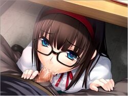 :>= amamiya_hikari aqua_eyes brown_hair censored character_request cum cum_in_mouth fellatio game_cg glasses headband imouto_ni_boukyaku_no_shitone_o oral parthenon_(company) shimano_natsume source_request under_the_table under_the_table