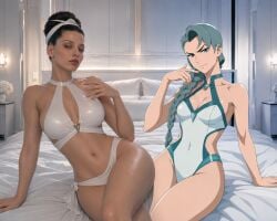 2d 2d_(artwork) 2girls 3d 3d_(artwork) ai ai_generated alternate_version_available angela_sarafyan bed bedroom bedroom_eyes bikini choose_your_own_adventure clothed clothed_female clothing crossed_legs crossing_legs dc dc_comics duo duo_female duo_focus female female_focus female_only kryptonian lara_lor-van milf milf_body mommy mother my_adventures_with_superman seductive seductive_eyes seductive_pose sitting sitting_on_bed superman_(2025) superman_(series) swimsuit textless textless_version thighs