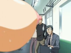 animated audience being_watched bouncing_breasts breasts chikan clothing exhibitionism exposed_breasts glasses lowres manin_densha multiple_males nipples public public_nudity public_use sweat taken_from_behind train_interior