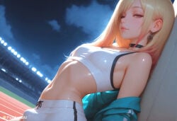 1boy 1femboy absurd_res ai_generated arched_back artist_name artist_upload bare_shoulders black_choker blonde_hair blue_jacket breasts bulge choker closed_mouth cloud colored_tips crop_top crossdressing dutch_angle ear_piercing earrings erection erection_under_clothes femboy femboy_focus feminine_male gay gradient_hair hi_res jacket jewelry kitagawa_marin leaning_back lips long_hair looking_at_viewer midriff more_at_source multicolored_hair navel night nose off_shoulder open_clothes open_jacket outdoors pandora patreon patreon_username piercing red_eyes self_upload shiny_skin shorts sky small_breasts smile solo sports_bra sportswear stadium stomach transgender uncensored watermark white_shorts white_sports_bra