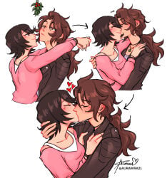 asian asian_female aurawra21 black_hair brown_hair caucasian_female christmas couple interracial interracial_couple interracial_yuri japanese_female kissing lara_croft lesbian lesbian_couple lesbians light-skinned_female light_skin long_hair mistletoe samantha_nishimura short_hair yuri