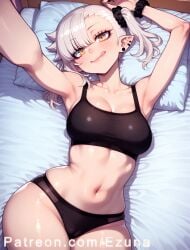 ai_generated big_ass big_breasts big_butt big_thighs blush chanto_suenai_kyuuketsuki-chan ezuna gym_shorts gym_uniform hair_bun hair_covering_eye huge_ass huge_breasts huge_butt huge_thighs luna_ishikawa lying wanuze white_hair wide_hips yellow_eyes