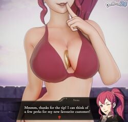 1girls anna_(fire_emblem) anna_(fire_emblem:_three_houses) balcony bare_arms bare_shoulders breast_press breasts collarbone dochaunt24 female female_only finger_to_mouth fire_emblem:_three_houses grin hand_up large_breasts long_hair outdoors ponytail red_hair shoulders side_ponytail solo standing