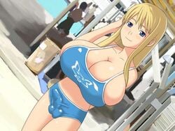 1futa 2d 2d_(artwork) artist_request balls blonde_futa blonde_hair blue_eyes breasts breasts_bigger_than_head breasts_bursting_out bulge cameltail character_request cleavage futa_only futanari hair hand_behind_back hand_on_head huge_breasts human intersex long_hair looking_at_viewer midriff penis penis_in_panties penis_under_clothes sideboob smile solo source_request tagme testicles