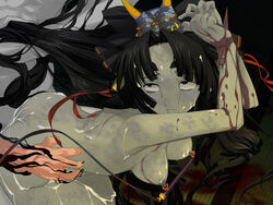 1boy 1girls black_hair blood corpse cum dead death female gore guro kurohime_(rance) medium_breasts necrophilia nipple_piercing nude photoshop rance_(series) sengoku_rance sex_from_behind