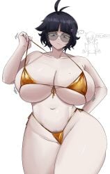 1girls ahoge attribute_theft bikini breast_expansion expressionless glasses gold_bikini golden_bikini huge_breasts keiko_(emmarrgus) looking_at_breasts original original_character pubic_hair purple_hair thick_thighs