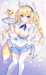 1girl ameto_yuki animal_ears blonde_hair blush breasts breasts_out cleavage exposed_breasts fox_ears fox_girl frilled_skirt frills garter_belt hair_ornament highres large_breasts maid maid_apron maid_headdress maid_outfit maid_uniform nipples open_clothes open_shirt original parfait shirt skirt stockings thighhighs