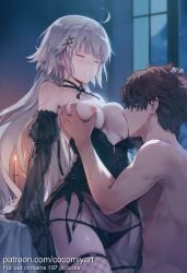 1boy 1girl 2026 ahoge ai_generated bare_shoulders black_dress black_panties blush breast_sucking breasts breasts_out candle candlelight choker clenched_teeth closed_eyes cocomiyart detached_sleeves dress earrings fate_(series) fishnet_thighhighs fishnets grabbing grabbing_another's_breast hair_ornament hetero highres indoors jeanne_d'arc_alter_(fate) jewelry large_breasts long_hair long_sleeves moon night nipples nsfw official_alternate_costume panties see-through short_hair teeth thighhighs uncensored underwear very_long_hair white_hair window