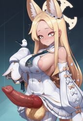 1futa ai_assisted ai_generated altra_x areola_slip blonde_hair cowboy_shot fox_ears futanari halo huge_cock knot knotted_penis large_penis long_hair looking_at_viewer red_penis seia_(blue_archive) sideboob skirt solo testicles thighhighs veiny_penis yellow_eyes