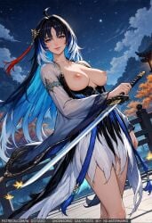 1girl ahoge ai-created ai_generated black_hair blue_hair breasts breasts_out_of_clothes busty closed_mouth clothing cloud colored_inner_hair dress exposed_breasts female hair_ornament high_resolution holding holding_object holding_sword holding_weapon large_breasts lips long_hair long_sleeves looking_at_viewer multicolored_hair night night_sky nipples outdoors reverse_grip sky smile solo standing star_(sky) sword tassel two-tone_hair weapon wodstudio wuthering_waves yangyang_(wuthering_waves)