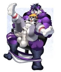 absurd_res anthro balls beanie bear big_balls blush bodily_fluids boxers_(clothing) chair clothed clothing cum cum_in_ass cum_inside eyewear footwear foreskin furniture genital_fluids genitals giant_panda glasses grey_body hat headgear headwear hi_res holding_legs_up humanoid_genitalia humanoid_penis legs_up looking_down looking_pleasured male male/male mammal neku neku_(character) nude panfluff_(panfluff) partially_clothed penetration penis procyonid purple_body purple_eyes raccoon seductive size_difference socks underwear underwear_down
