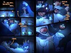 4:3 anthro balls blush bodily_fluids bovid butt caprine comic cuckold cum cum_on_butt dialogue ear_piercing ear_ring embarrassed english_text facial_piercing fek forced forced_orgasm genital_fluids genitals gnoll group handjob hi_res hyena male mammal mephitid nose_piercing nose_ring oral orgasm paws penile penis piercing resisting_orgasm ring_piercing sex sheep skunk sleep_sex sleeping stealth_sex text trio