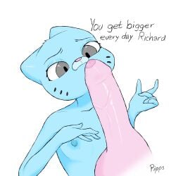 anthro big_penis blue_body blue_nipples breasts cartoon_network colored domestic_cat duo english_text felid feline felis female foreskin genitals grey_eyes hi_res humanoid_genitalia humanoid_penis lagomorph leporid looking_at_genitalia looking_at_penis male male/female mammal nicole_watterson nipples penis pink_penis pippus rabbit richard_watterson shaded slim small_breasts text the_amazing_world_of_gumball unretracted_foreskin
