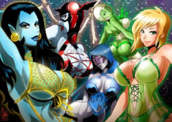 2015 5girls alien arisia_rrab ass aya_(green_lantern) big_ass big_breasts bleez breasts cleavage dc_comics female female_only green_lantern_(series) huge_breasts large_breasts lingerie lychee-soda lyssa_drak panties sister_sercy