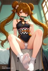 1girl ai_assisted ai_generated anime_screenshot anime_style bamboo bedroom bit_gag blushing brown_eyes brown_hair checkered_sash flat_chest foot_fetish gag gagged hair_bun hair_ornament hand_on_breast haori highres japanese_clothes kimono long_hair low_angle mouth_hold obi parody perfect_anatomy sash sitting_on_bed style_parody twintails upper_body upskirt viewer_pov white_panties