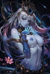 1girl 1girls ai_generated blue_eyes blue_nipples blue_skin breasts_out civitai cosmic_lux flower hands_above_breasts long_hair looking_at_viewer multicolored_hair pinup smile solo space stable_diffusion starry_hair