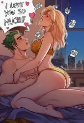 1boy 1girl ai_generated ass barefoot bed bedroom blonde_hair blush bra breasts cityscape closed_eyes clothing couple cowgirl_position curtains english_language english_text female from_side genji girl_on_top green_hair happy_sex hetero holding_hands indoors interlocked_fingers large_breasts long_hair male mercy moaning night night_sky nude on_bed open_mouth overwatch panties sex short_hair speech_bubble straddling text thighs underwear underwear_only upright_straddle window yellow_bra yellow_panties