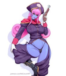1girls aku_no_onna_kanbu aku_no_onna_kanbu_fullmoon_night bent_leg big_breasts black_sclera curly_hair demon demon_girl efa_guranaada eyelashes female female_only hat heel_boots hi_res long_hair looking_at_viewer nofuture panties pink_hair pink_lipstick pistol pointy_ears purple_skin smiling smiling_at_viewer solo thick_thighs uniform weapon white_background yellow_eyes