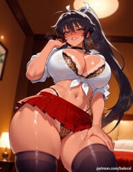 1girl ai_generated animal_print balecxi black_hair black_thighhighs blush bra breasts choker cleavage green_eyes highleg highleg_panties homura_(senran_kagura) indoors leopard_print long_hair looking_at_viewer marvelous navel panties pleated_skirt ponytail senran_kagura senran_kagura_(series) smile solo sweat tan tanlines thick_thighs tied_shirt underwear