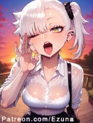 ai_generated big_ass big_breasts big_butt big_thighs blush chanto_suenai_kyuuketsuki-chan ezuna hair_bun hair_covering_eye huge_ass huge_breasts huge_butt huge_thighs luna_ishikawa ok_sign one_eye_closed open_mouth see-through see-through_clothing tongue_out wanuze wet white_hair wide_hips yellow_eyes