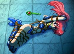 1girls armor asagiri_youko bikini_armor bondage boots bound_ankles bound_arms bound_legs breast_bondage breasts cleave_gag female gag genmu_senki_leda hogtie human light-skinned_female light_skin long_hair looking_at_viewer ponytail red_hair rope solo spark_utamaro sword