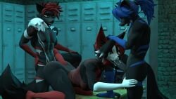 16:9 3d_(artwork) 4k absurd_res ambiguous_penetration anthro bench big_penis black_body black_fur black_sclera blue_hair bodily_fluids bottomless brother_(lore) brothers_(lore) canid canine clothed clothing demon digital_media_(artwork) felid feline fellatio female fox fur genitals group hair harlee_(monsoon_perfected) heterochromia hi_res humanoid_genitalia humanoid_penis indirect_incest_(lore) locker locker_room male male/female mammal monsoon_perfected nude oral orange_eyes penetration penile penis perry_(n0blez) ponytail red_body red_eyes red_fur red_hair saliva sex sibling_(lore) spitroast tail tail_around_partner topwear topwear_only trio white_eyes widescreen zero_valentine