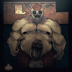 animal_hospital anthro balls barazoku barney_(animal_hospital) big_penis bottomwear clothed clothing empty_eyes english_text erection facial_hair foreskin genitals hat headgear headwear hi_res humanoid_genitalia humanoid_penis knife lagomorph leporid male mammal monster mostly_nude mostly_nude_anthro mostly_nude_male mustache nipples pants penis rabbit roblox slightly_chubby slightly_chubby_anthro slightly_chubby_male solo teeth text theanzelart topless
