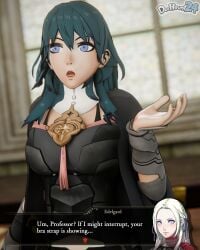 1girls 3d black_bra blue_eyes blue_hair bra bra_strap bra_strap_is_showing_(meme) breasts byleth_(fire_emblem) byleth_(fire_emblem)_(female) clothing_cutout cutout dochaunt24 female female_only indoors medium_breasts medium_hair meme midriff navel navel_cutout solo teacher window