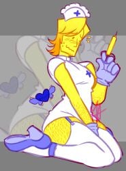 1male bashful big_ass blushing deltarune deltarune_chapter_5 digital_art facial_hair garters garterstraps hairy hairy_arms hairy_legs hand_between_thighs looking_away looking_away_from_viewer male male_only no_pants nurse_uniform pinup suggestive syringe thighhighs toony_face yellow_(deltarune)