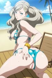 1girl ai_generated ann_takamaki anus ass beach bikini bikini_bottom_aside blonde_hair blue_bikini blue_eyes blue_sky blush breasts clothing_aside cloud day digitalwaifugallery floral_print from_behind hair_ornament hairclip halterneck hand_on_own_ass hi_res high_quality high_resolution kneeling long_hair looking_at_viewer looking_back medium_breasts nipples ocean outdoors patreon persona_5 presenting pussy scrunchie seductive sexy side-tie_bikini_bottom sky solo string_bikini swept_bangs swimsuit thighs twintails uncensored water watermark wrist_scrunchie