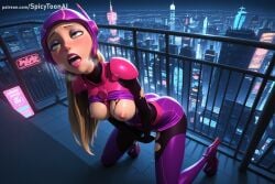 1girl ai_generated blush bodysuit breasts green_eyes hat hi_res high_quality high_resolution honey_lemon long_hair marvel_comics medium_breasts nipples patreon ponytail pussy_juice seductive sexy solo spicytoonai torn_bodysuit torn_clothes uncensored watermark