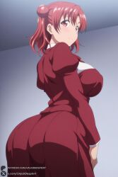 1female 1girl 1girls 2026 ai_generated artist_name ass bangs big_ass big_breasts blush breasts closed_mouth curvy dress from_behind hair_bun hi_res high_quality high_resolution highres huge_ass huge_breasts juliet_sleeves large_breasts long_sleeves looking_at_viewer looking_back patreon patreon_username pink_hair puffy_sleeves red_dress red_eyes red_hair school_uniform short_hair single_hair_bun smile solo unjobdespiert watermark yuigahama_yui yumemiru_otome