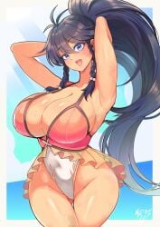 1girls :d blue_eyes blue_hair breasts fire_emblem fire_emblem:_the_sacred_stones large_breasts long_hair looking_at_viewer ponytail revolverwingstudios swimsuit tagme tana_(fire_emblem) thick_thighs