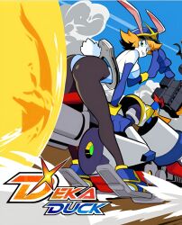 aiko_(dekaduck) aiko_rosewood anthro bent_over big_feet breasts butt dekaduck dekaduck_(game) future gloves handcuffs hover_bike hoverbike hovering huge_hands lagomorph lagomorph_humanoid leotard police_uniform rabbit sfw tail video_games