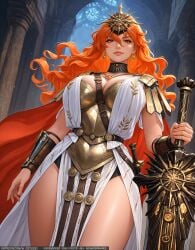 1girl ai-created ai_generated arch armor augusta_(wuthering_waves) bracer breasts busty cape circlet cleavage closed_mouth clothing column crown curly_hair dress earrings female headpiece headwear high_resolution holding holding_object holding_sword holding_weapon jewelry large_breasts lips long_hair looking_at_viewer orange_hair pelvic_curtain pillar red_cape red_hair smile solo sword thighs vambraces viewed_from_below wavy_hair weapon white_dress wodstudio wuthering_waves