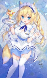 1girl ameto_yuki animal_ears blonde_hair blush breasts cleavage fox_ears fox_girl frilled_skirt frills garter_belt hair_ornament highres large_breasts maid maid_apron maid_headdress maid_outfit maid_uniform original parfait shirt skirt stockings thighhighs