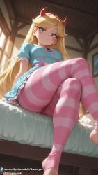 1girls ai_generated barefoot blonde blonde_female blonde_hair breasts crossed_legs curvy curvy_body curvy_female demon_horns dreamyan_ai fake_horns feet female female_focus female_only hi_res high_quality high_resolution highres horns long_hair looking_at_viewer medium_breasts pantyhose seductive seductive_eyes seductive_look seductive_mouth seductive_pose seductive_smile sitting solo solo_female solo_focus star_butterfly star_vs_the_forces_of_evil stirrup_legwear striped_legwear stripes thick_ass thick_thighs thighs uncensored